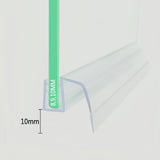 Profile view of the S810DTL-N bottom sweep fitted on 8-10mm glass, illustrating the extended single-side fin designed to bridge approximately 10mm floor gaps for versatile shower configurations.