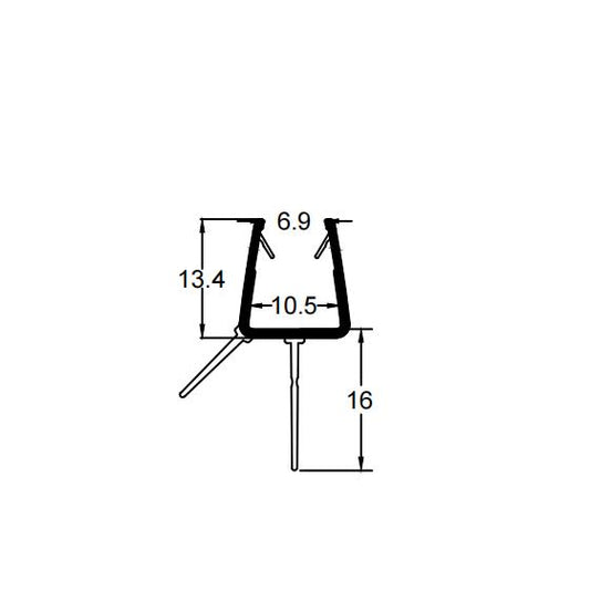 Technical dimension diagram for an 8-10mm glass bottom seal, detailing the inner channel width, 16mm central fin length, and overall profile height with lateral stabilising rails for precise replacement to solve common floor drainage gaps.