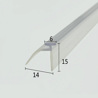 Cross-section close-up of the VE01 shower door sweep framed, showcasing the transparent soft PVC with a unique T-shaped leg paired with an extended side channel, creating a dual leak-prevention barrier, optimized to lock into standard framed door base tracks and direct splashed water towards the drain for more reliable waterproofing than traditional single-strip seals.