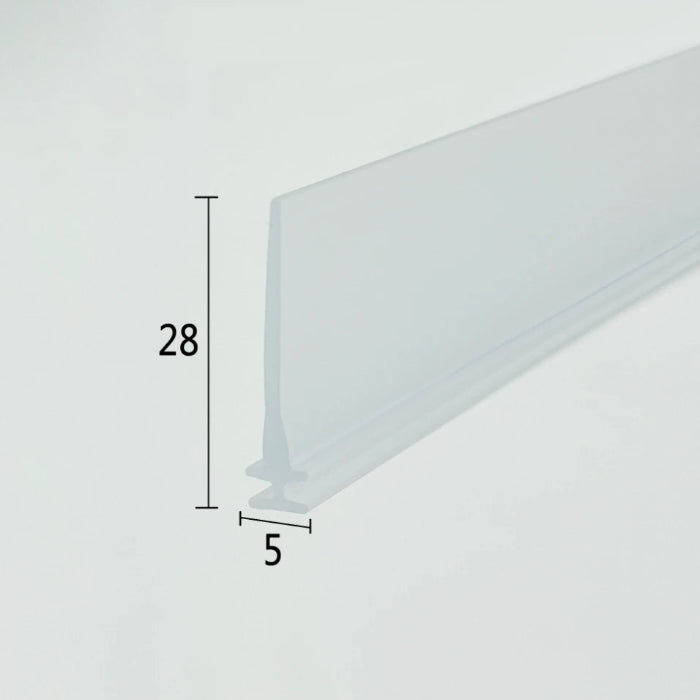 Cross-section close-up of the VI001 drip rail framed shower door seal strip, showcasing the transparent soft PVC with a unique 5mm wide T-shaped top and a rare 28mm extra-long sweeping fin, optimized to snap into wider tracks and cover large floor gaps for robust water channelling and leak protection.