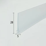 Cross-section close-up of the VI001 drip rail framed shower door seal strip, showcasing the transparent soft PVC with a unique 5mm wide T-shaped top and a rare 28mm extra-long sweeping fin, optimized to snap into wider tracks and cover large floor gaps for robust water channelling and leak protection.