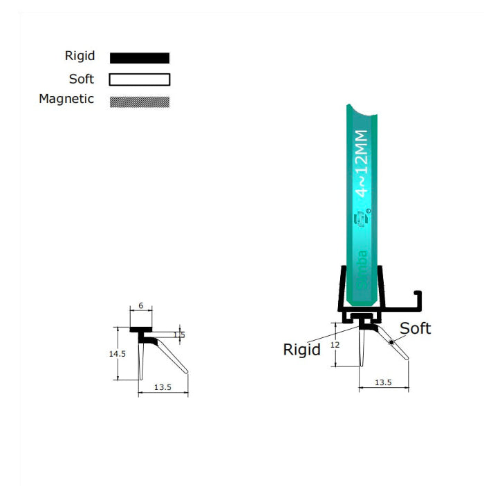 Technical dimension diagram for a framed shower door drip rail, detailing the width of the T-leg, the length of the main sweeping fin, and the specific millimetre dimensions of the lateral extension channel, providing critical specification data for users needing an exact track match who seek enhanced bottom water containment via an additional channelling structure.