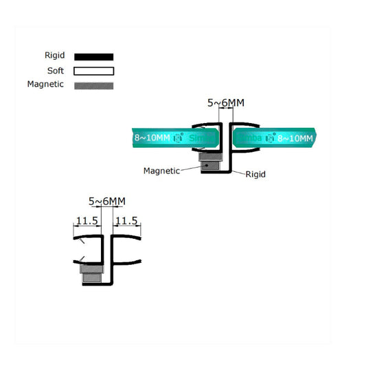 ME810180 magnetic shower door seal size diagram showing 5 to 6mm closing gap