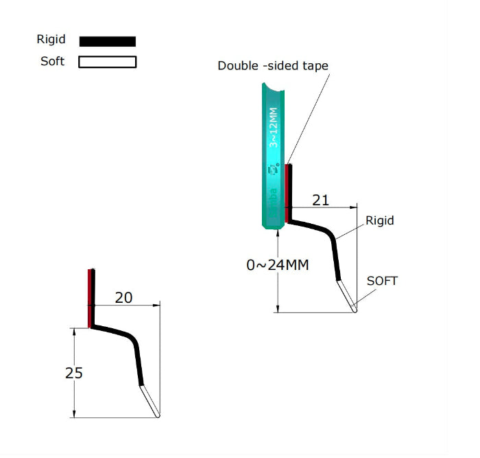 Technical dimension diagram of the S312DTL7 strip, specifying the adhesive contact width, material thickness, and fin length intended to provide coverage while accommodating various bottom hardware positions.