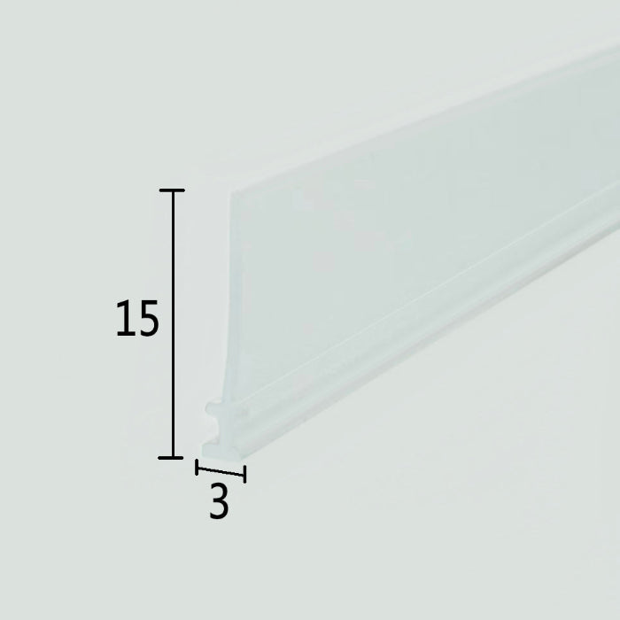 Cross-section close-up of the VI004 framed shower door replacement drip rail with vinyl sweep, showcasing the transparent soft PVC with a unique 3mm wide T-shaped top and a 15mm long sweeping fin, optimized to snap into framed door base tracks to channel water and prevent overflow.