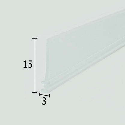Cross-section close-up of the VI004 framed shower door replacement drip rail with vinyl sweep, showcasing the transparent soft PVC with a unique 3mm wide T-shaped top and a 15mm long sweeping fin, optimized to snap into framed door base tracks to channel water and prevent overflow.