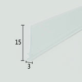 Cross-section close-up of the VI004 framed shower door replacement drip rail with vinyl sweep, showcasing the transparent soft PVC with a unique 3mm wide T-shaped top and a 15mm long sweeping fin, optimized to snap into framed door base tracks to channel water and prevent overflow.