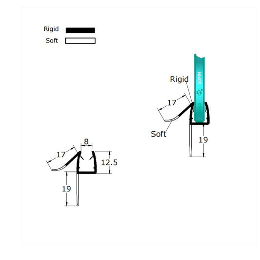 Technical dimension diagram of the VC10 strip, specifying the robust 10mm inner channel, the 18mm fin length extending from the offset edge, and the effective sealing range for 16–18mm base separations.