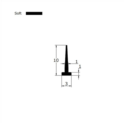 Technical dimension diagram for a bottom seal for framed shower door, detailing the 3mm T-leg width, 10mm fin height, and overall profile, providing critical specification data for replacement projects requiring an exact match for 3mm grooves in door frames.