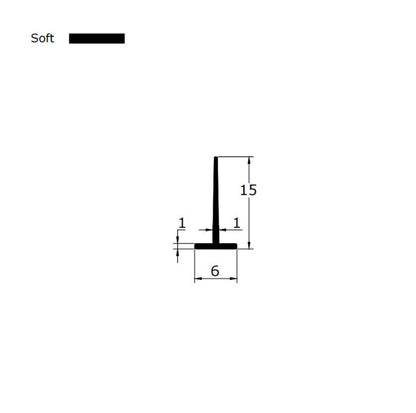 Technical dimension diagram for a framed shower door seal strip, detailing the rare 6mm T-leg width, 15mm fin height, and overall profile, providing critical specification data for users needing an exact match for extra-wide 6mm grooves who require mid-length coverage to cope with slightly uneven floors.
