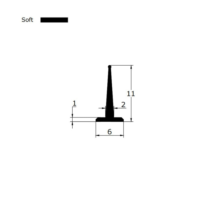 Technical dimension diagram for a framed shower door seal replacement, detailing the rare 6mm T-leg width, 11mm fin height, and overall profile, providing critical specification data for users needing an exact match for extra-wide 6mm grooves who are seeking a durable replacement solution.