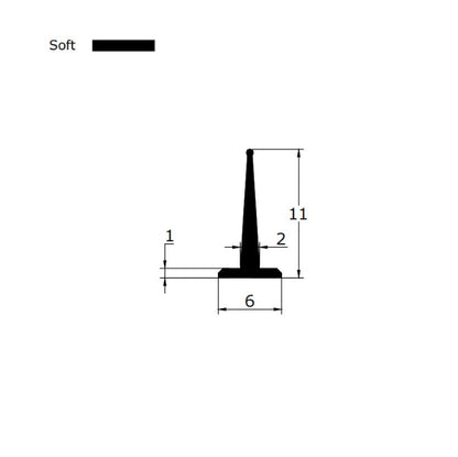 Technical dimension diagram for a framed shower door seal replacement, detailing the rare 6mm T-leg width, 11mm fin height, and overall profile, providing critical specification data for users needing an exact match for extra-wide 6mm grooves who are seeking a durable replacement solution.