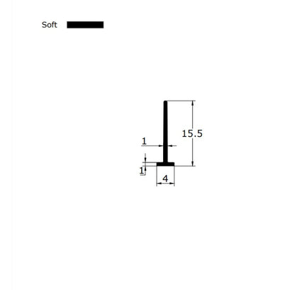 Technical dimension diagram for a framed glass shower door bottom seal strip, detailing the 4mm white T-leg width, 16mm fin height, and overall profile, providing critical specification data for users needing an exact match for 4mm wide grooves in white door frames who require mid-length coverage.