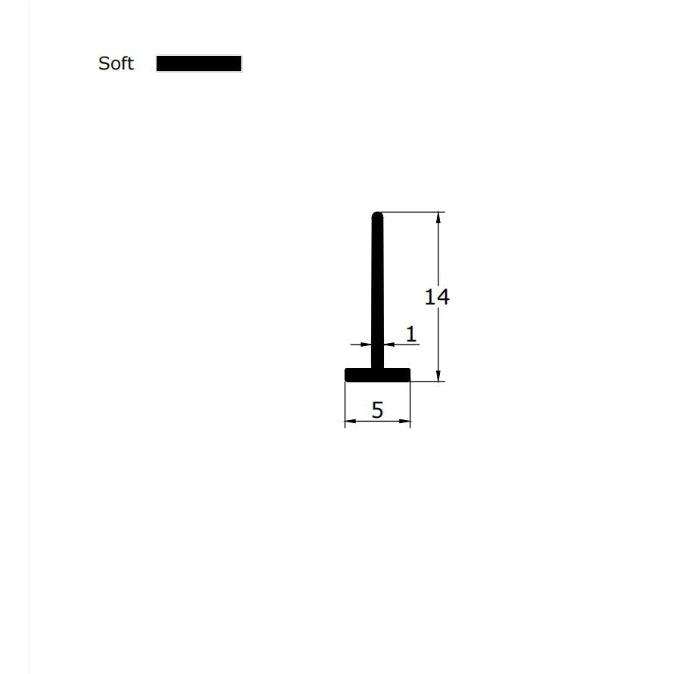 Technical dimension diagram for a framed shower door sweep, detailing the rare 5mm T-leg width, 14mm fin height, and overall profile, providing critical specification data for users seeking a replacement that fits tightly into non-standard 5mm wide grooves in white door frames.