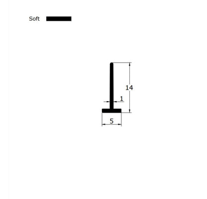Technical dimension diagram for a framed shower door sweep, detailing the rare 5mm T-leg width, 14mm fin height, and overall profile, providing critical specification data for users seeking a replacement that fits tightly into non-standard 5mm wide grooves in white door frames.