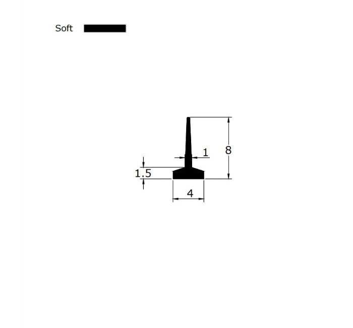 Technical dimension diagram for a framed shower door bottom seal, detailing the 4mm T-leg width, 8mm fin height, and overall profile, providing critical specification data for users needing an exact match for 4mm wide grooves who require only short-reach coverage.