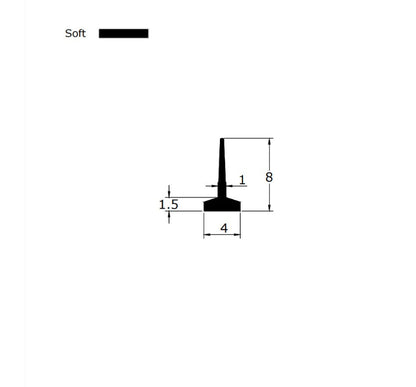 Technical dimension diagram for a framed shower door bottom seal, detailing the 4mm T-leg width, 8mm fin height, and overall profile, providing critical specification data for users needing an exact match for 4mm wide grooves who require only short-reach coverage.