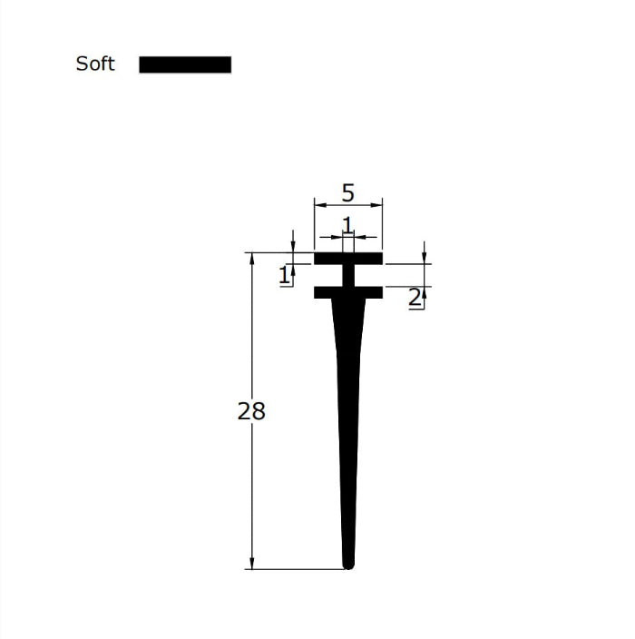 Technical dimension diagram for a framed shower screen seal, detailing the 5mm T-leg width, 28mm total fin height, and overall profile, providing critical specification data for users needing an exact match for 5mm grooves who require extra-long coverage to cope with uneven floors or large gaps.