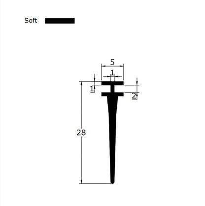 Technical dimension diagram for a framed shower screen seal, detailing the 5mm T-leg width, 28mm total fin height, and overall profile, providing critical specification data for users needing an exact match for 5mm grooves who require extra-long coverage to cope with uneven floors or large gaps.