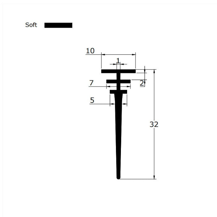 Technical dimension diagram for a framed shower door drip rail and sweep, detailing the spacing of the double T-legs, the total 32mm fin height, and overall profile, providing critical specification data for users needing an exact match for special dual-track structures who require extreme length to cope with severely uneven floors.