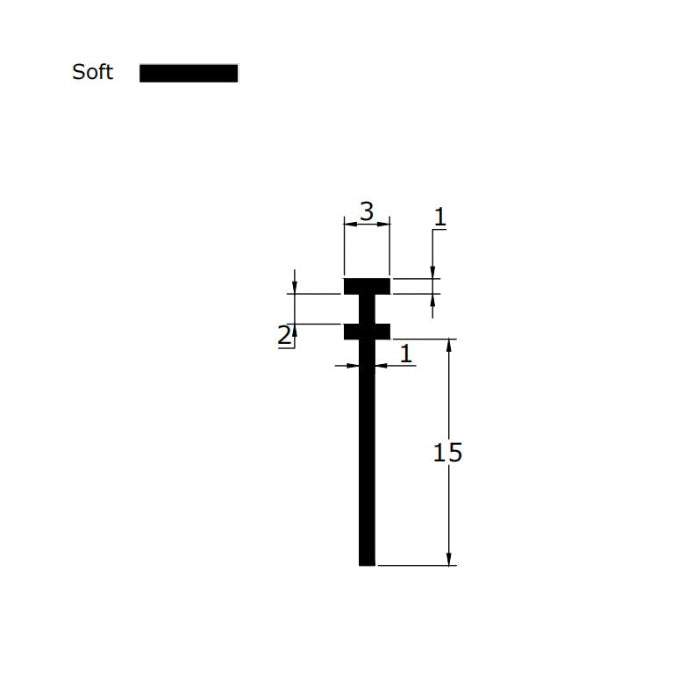 Technical dimension diagram for a framed shower door seal strip replacement, detailing the 3mm T-leg width, 15mm fin height, and overall profile, providing critical data for users needing an exact match for 3mm grooves who require longer coverage than standard 10mm seals.