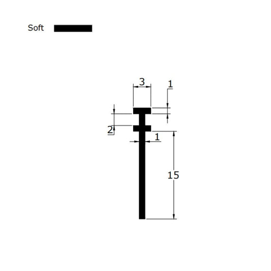 Technical dimension diagram for a framed shower door seal strip replacement, detailing the 3mm T-leg width, 15mm fin height, and overall profile, providing critical data for users needing an exact match for 3mm grooves who require longer coverage than standard 10mm seals.