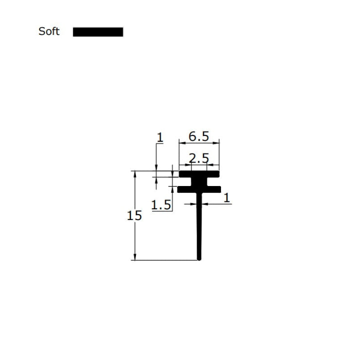 Technical dimension diagram for a framed shower door sweep, detailing the rare spacing of the double 7mm T-legs, 15mm fin height, and overall profile, providing critical specification data for users needing an exact match for complex track structures who are seeking a robust locking solution.