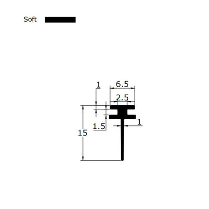 Technical dimension diagram for a framed shower door sweep, detailing the rare spacing of the double 7mm T-legs, 15mm fin height, and overall profile, providing critical specification data for users needing an exact match for complex track structures who are seeking a robust locking solution.