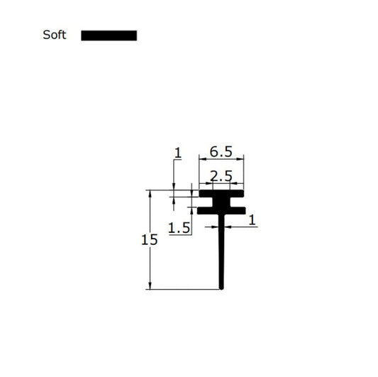 Technical dimension diagram for a framed shower door sweep, detailing the rare spacing of the double 7mm T-legs, 15mm fin height, and overall profile, providing critical specification data for users needing an exact match for complex track structures who are seeking a robust locking solution.