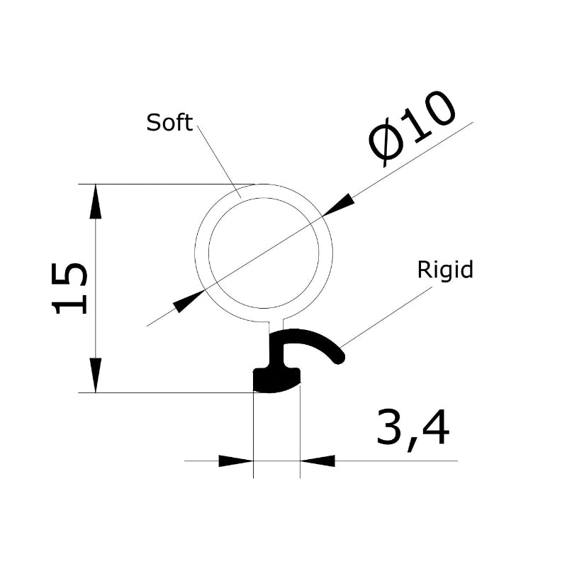 BU922 clear bubble T-slot shower door seal dimensions with 3.4mm retaining foot and 10mm soft bubble