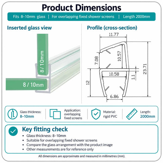 C01810 corner seal dimensions for overlapping 8-10mm fixed shower glass