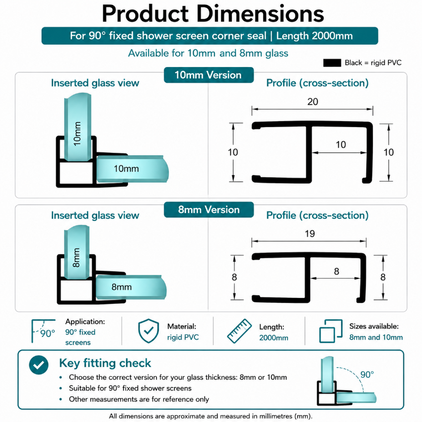 C410A90 90 degree shower screen corner seal dimensions for 8mm and 10mm glass