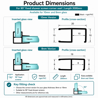 C410A90 90 degree shower screen corner seal dimensions for 8mm and 10mm glass