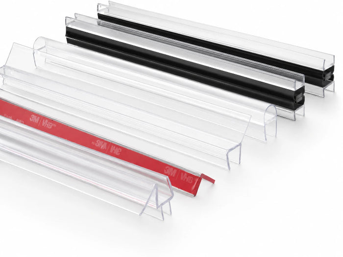 Clear shower screen seal types displayed on a white background