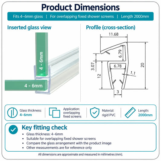 CO1456 corner seal dimensions for overlapping 4-6mm fixed shower glass