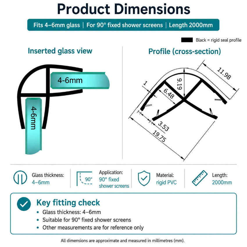 CO456 corner seal dimensions for 4-6mm fixed shower glass meeting at 90 degrees