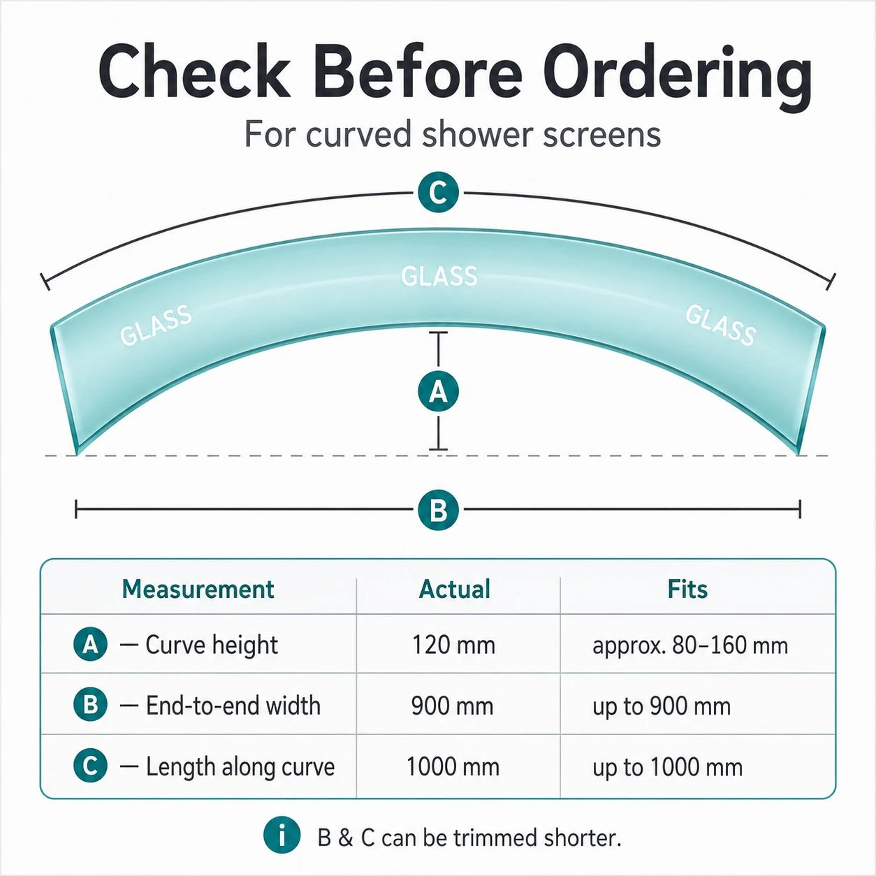 Curved shower seal measurement guide for V456S20CU, showing 1000 mm length along curve, 120 mm curve height and 900 mm end-to-end width for 4–6 mm glass