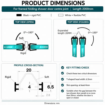 DOU01 folding shower door centre joint seal dimensions showing 4mm slot opening, 6.5mm T-shaped fitting and 20mm flexible centre