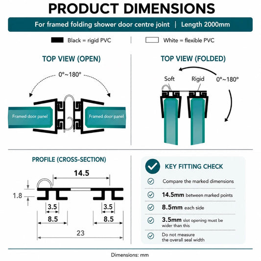 DOU02 vertical centre-joint seal dimensions for framed folding shower doors with 2000mm length