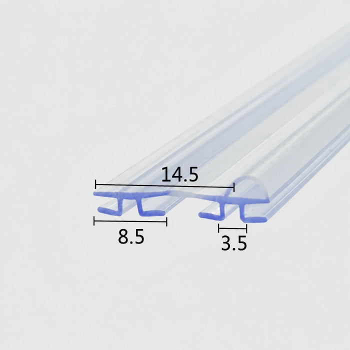 DOU02 framed folding shower door centre seal showing approximate 14.5mm, 8.5mm and 3.5mm fitting measurements