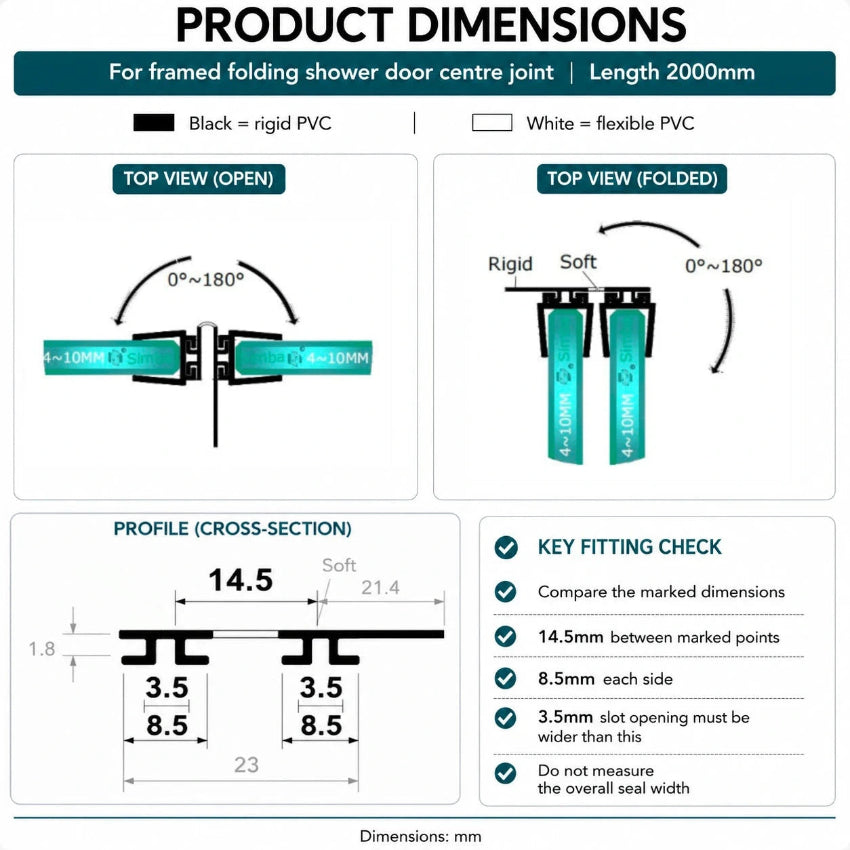 DOU03 framed folding shower door centre-joint seal dimensions with extended rigid water deflector
