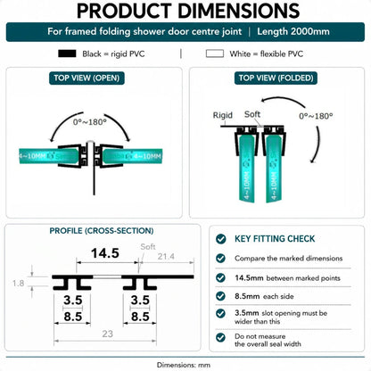 DOU03 framed folding shower door centre-joint seal dimensions with extended rigid water deflector