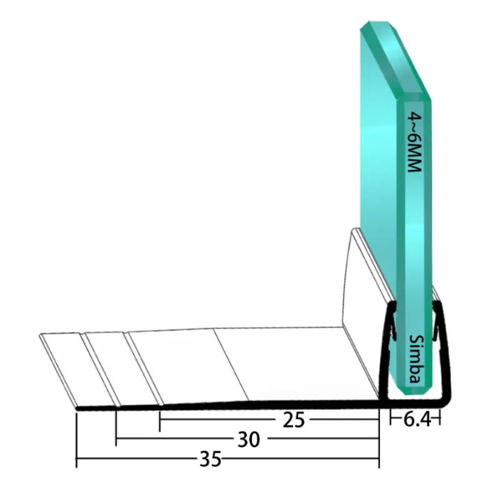 F456S2535 F shaped shower door seal dimensions showing 4–6mm glass fit and 25mm, 30mm, 35mm fin options