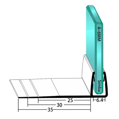 F456S2535 F shaped shower door seal dimensions showing 4–6mm glass fit and 25mm, 30mm, 35mm fin options