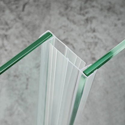 Pair of F456S2535 F shape shower seals fitted to glass panels for overlapping gap coverage