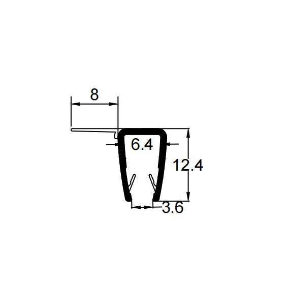 F456S8 F shaped shower door seal dimensions showing 8mm fin and 4–6mm glass fit