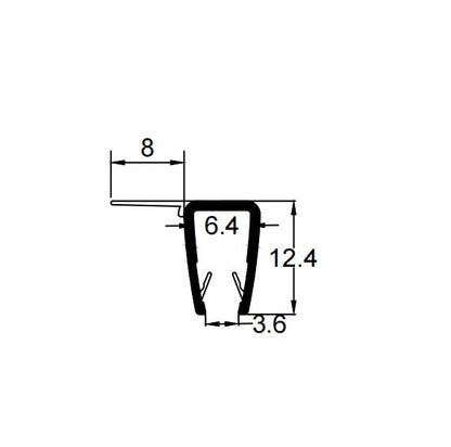 F456S8 F shaped shower door seal dimensions showing 8mm fin and 4–6mm glass fit