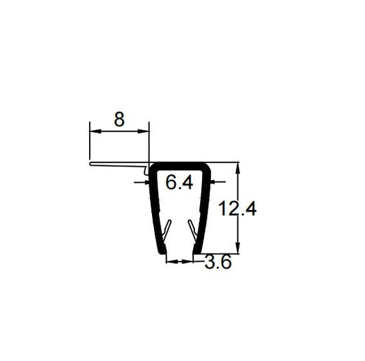 F456S8 F shaped shower door seal dimensions showing 8mm fin and 4–6mm glass fit