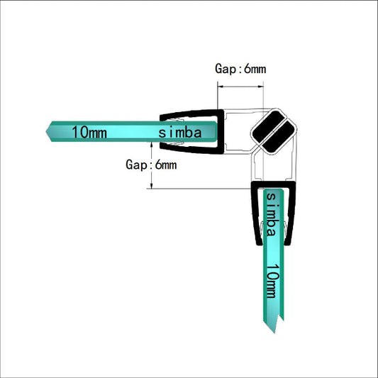 M10A2M magnetic shower seal diagram showing how two 10mm glass panels meet at 90 degrees