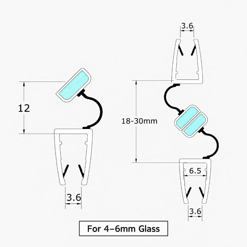 M410AC magnetic shower seal dimensions for 4-6mm glass and uneven 18-30mm closing gaps
